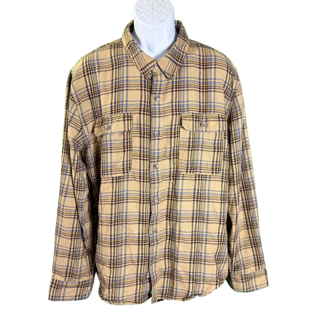 Marmot Mountain Works Flannel Shirt Mens XL Tan Plaid Long Sleeve Button Up